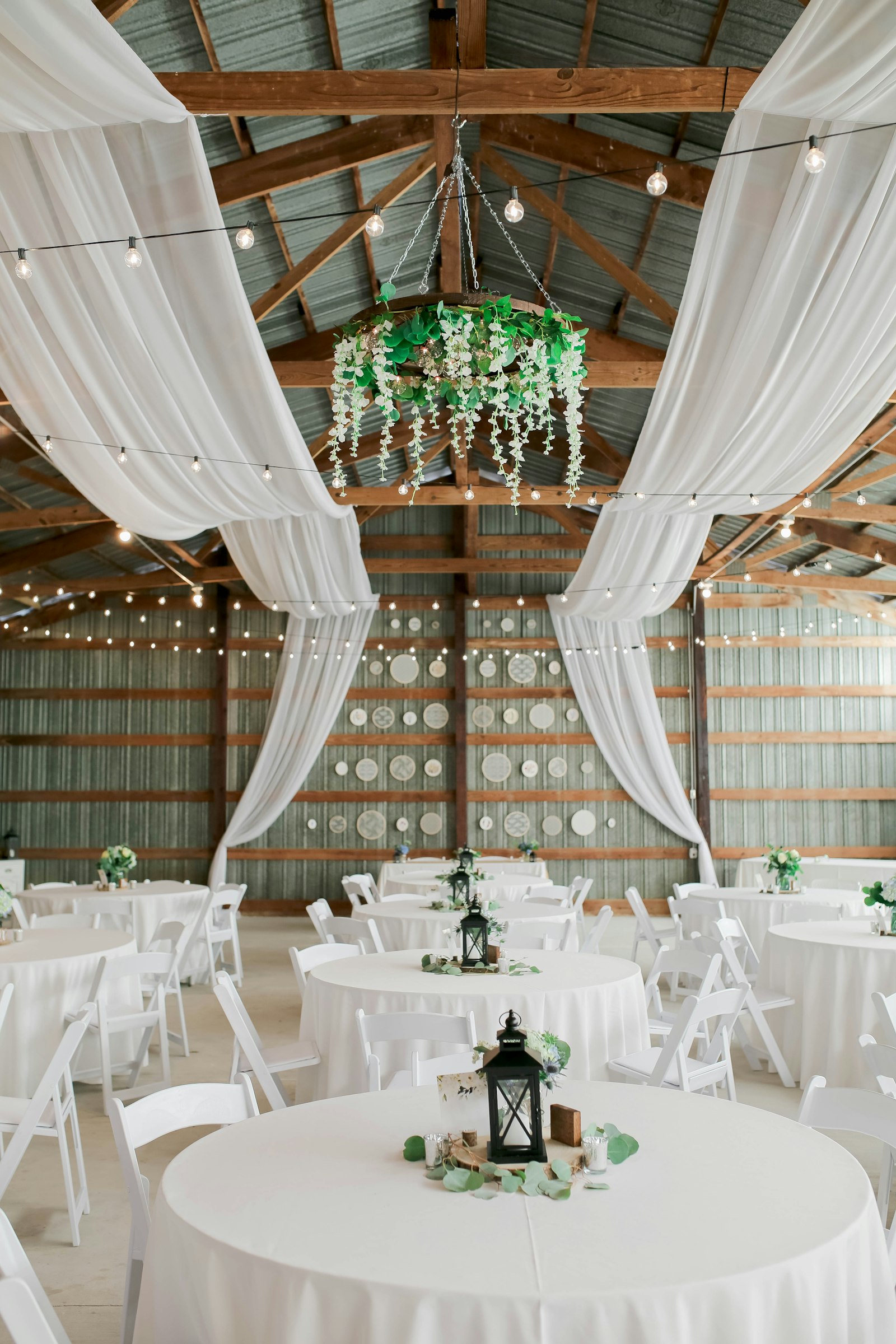Barn ceiling swagged in white chiffon with a wisteria and greenery chandelier and warm bistro lights