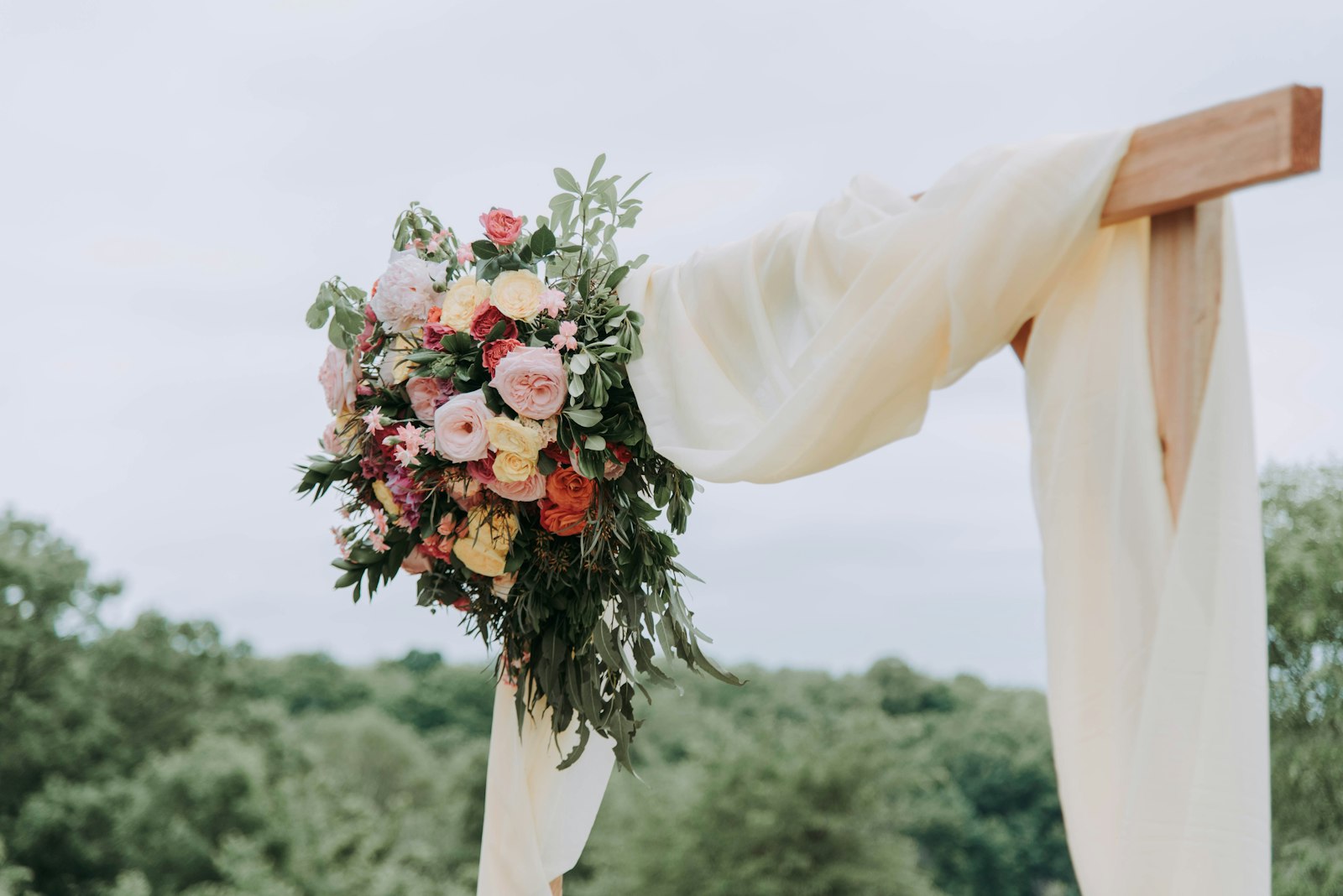 Wooden ceremony arch draped in ivory chiffon with a cluster of blush and peach garden roses